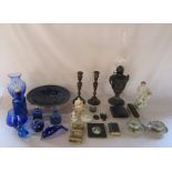 Various blue glassware inc paperweights and vases, ceramics inc Coalport, oil lamp (af), silver