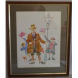 Framed Colin Carr watercolour 'Two Stick Charlie'. Frame size 39cm by 32 cm