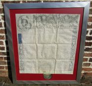 Large framed George III recovery document dated 1781 with remains of a seal in tin case relating