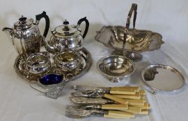 Selection of silver plate including fish knives and forks, Mappin & Webb card tray, basket etc.