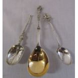 3 ornate silver teaspoons /apostle spoon - London 1858, Sheffield 1910 and London 1897 total