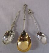 3 ornate silver teaspoons /apostle spoon - London 1858, Sheffield 1910 and London 1897 total