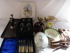 Various items inc boxed glassware by Thomas Webb, wooden tray and candlesticks, ceramics, silver
