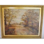 Early 20th century oil on canvas of a village scene with small dog in foreground. Frame size 75cm by