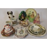 Staffordshire dog, Royal Crown Derby teaware, Mason's flatback, "Brown Velvet" dish etc.