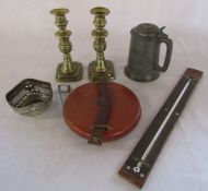 Various items inc 30m tape measure, pair of brass candlesticks, tankard and thermometer