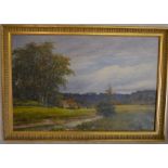 Oil on canvas landscape with cottage in the background & a stream in the foreground signed A Wood 89