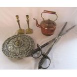 Copper kettle, pair of brass candlesticks & a wall art / display shield and sword set