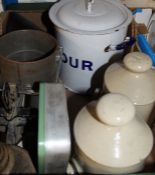 Selection of kitchenalia inc. enamel flour bin, posher, scales, irons etc (2 boxes)