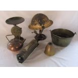 Various brass ware etc inc Warden's helmet, Auto minimax hand pump type D major, scales, kettle