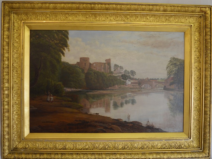 Large early 20th century oil on canvas depicting view of Barnard Castle County Durham Frame size