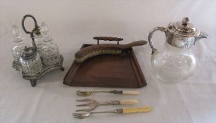 Silver plate and etched glass claret jug, condiment set with stand, 3 sugar tongs (not shown in