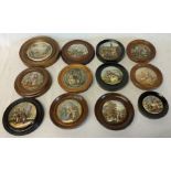 12 Prattware pot lids including "Peace", "Rifle Contest" and "Dr Johnson" (chip to underside rim