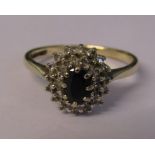 9ct gold sapphire and diamond chip cluster ring size P weight 2.9 g