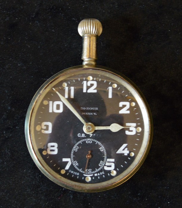 Zenith 30 hour Mark 5 long stem steel case pocket watch with black & luminous dial indistinct