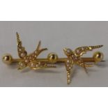 Tested as 14ct gold seed pearl set twin Swallow brooch wt 4.8g