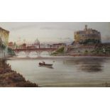 Oak framed watercolour depicting the river Tiber, Rome by G Marchetti 51cm x 36cm (including frame)