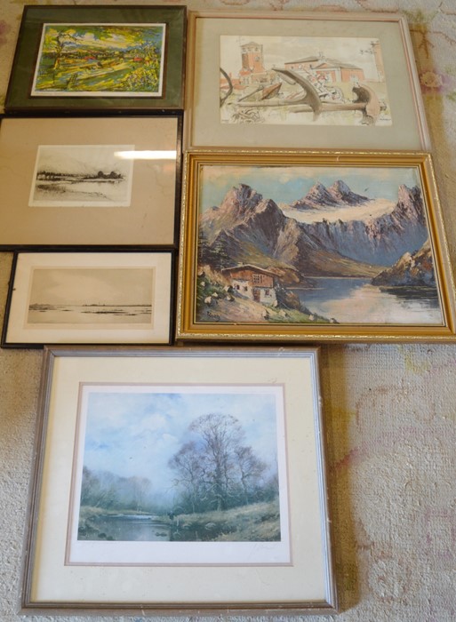 6 framed pictures including Oakham canal by Rigby Graham & an Alpine scene signed Bord etc