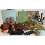 3 wood planes, child's cymbals, dolls wardrobe, door plate, typewriter, dominoes, oleographs etc.