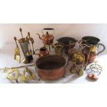 Various brass and copper inc kettles, fire companion set etc