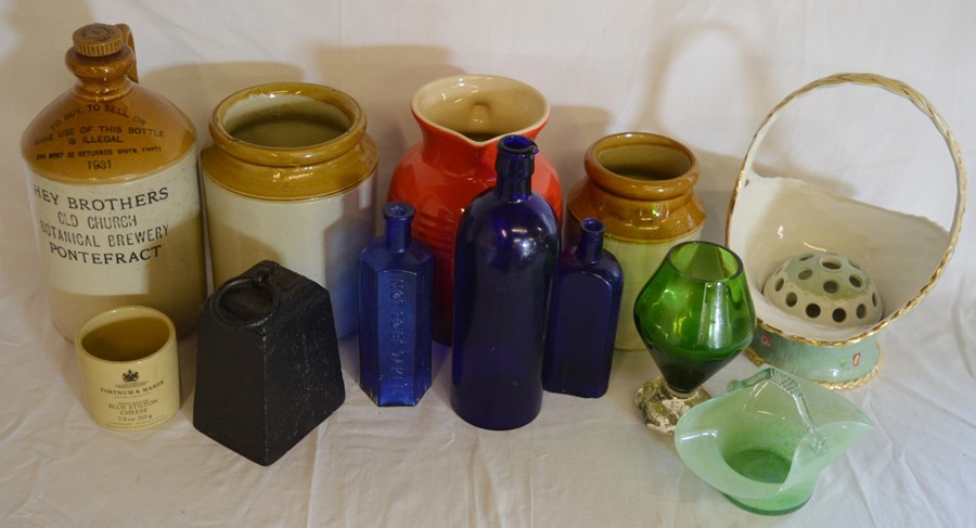 Various old stoneware bottles & jars, glass bottles, a potato weight etc
