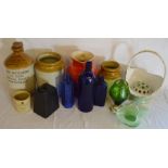 Various old stoneware bottles & jars, glass bottles, a potato weight etc