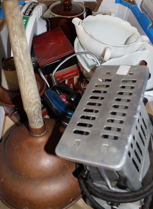 Selection of kitchenalia inc. enamel flour bin, posher, scales, irons etc (2 boxes) - Image 2 of 2