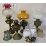 4 paraffin lamps (1 converted), 3 glass shades etc.