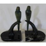 Pair of Art Deco style cold painted budgerigars on marble bases