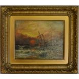 Small 19th century oil on canvas seascape of a ship at sunset signed S B Frame size 39cm by 34cm