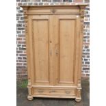 Pine 2 door wardrobe with decorative pediment and frieze drawer H 181 cm, W 113 cm, D 59 cm