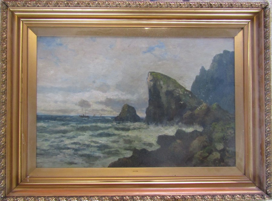 Large gilt framed and glazed oil on canvas of a seascape / coastal scene by Hayes signed 'Hayes'
