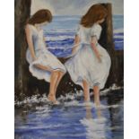 Large framed oil on board depicting 2 young girls at the beach by Leslie Treacher size approx.