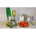 Selection of glass vases, mother of pearl spoon, decorative fruit bowl, candles etc.