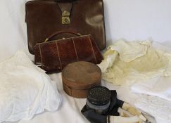 Briefcase, crocodile handbag, collar box, gas mask and selection of Victorian / Edwardian clothes