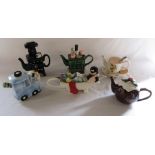 Selection of 6 novelty teapots - Silver Crane Company, Swineside and Roy Simpson etc