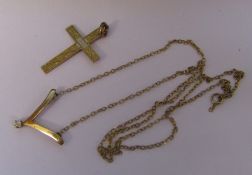 9ct gold cross and a 9ct gold pendant and chain with diamond accent (clasp af) total weight 1.9 g