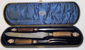 Cased Victorian carving set by Butterfield of Bradford with horn handles and silver plated mounts