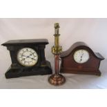 2 Victorian / Edwardian mantel clocks & a brass and copper candle lamp