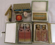 Various Chinese soapstone seals, miniature abacus, lock etc