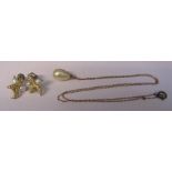 9ct gold chain with pearl drop & a pair of yellow metal pearl earrings