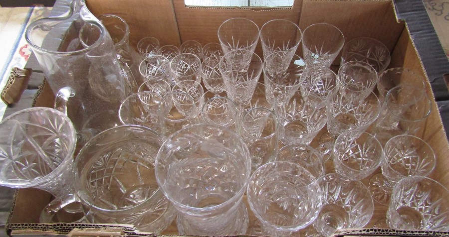 Boxed of assorted glassware inc jugs, wine glasses, sherry glasses, vases etc