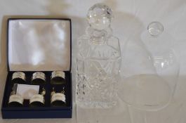 Modern crystal decanter, glass bell jar, boxed set of silver plate serviette rings & name card