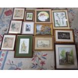 Assorted oil and watercolour paintings, prints and three Chinese silk style paintings etc