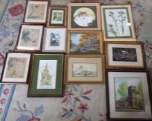 Assorted oil and watercolour paintings, prints and three Chinese silk style paintings etc