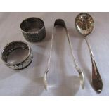 Silver sugar tongs Sheffield 1893, sugar sifter spoon Sheffield 1906 & 2 napkin rings Birmingham and