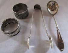 Silver sugar tongs Sheffield 1893, sugar sifter spoon Sheffield 1906 & 2 napkin rings Birmingham and