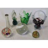 Mdina paperweight and 2 others, glass basket etc.