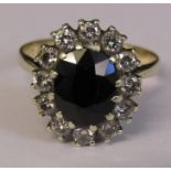 9ct gold sapphire and diamond cluster ring size K/L sapphire 2.4 ct diamond total 0.42 ct total