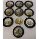 10 Prattware pot lids including "The Chin Chew River" and "Sandringham" (underside rim crack to